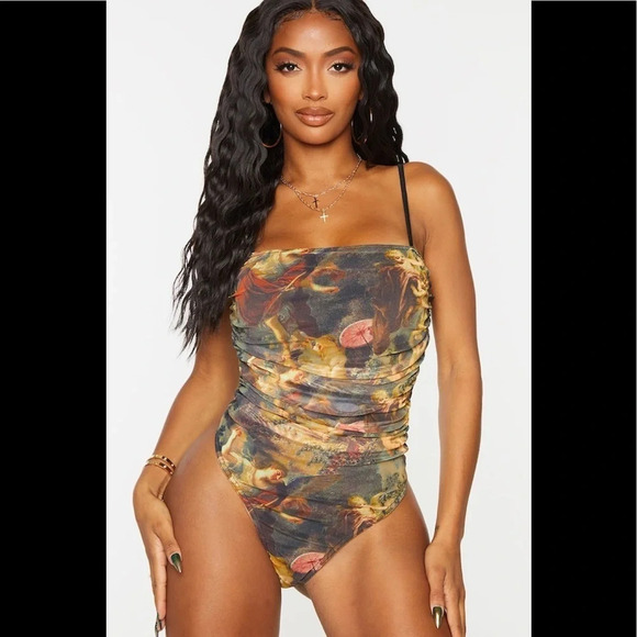 PrettyLittleThing Tops - Plt Shape Brown Renaissance Print Mesh Ruched Thong Bodysuit